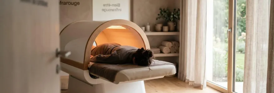 Une personne vue de dos allongée sous un dôme sauna dans une salle de bien-être contemporaine aux tons naturels