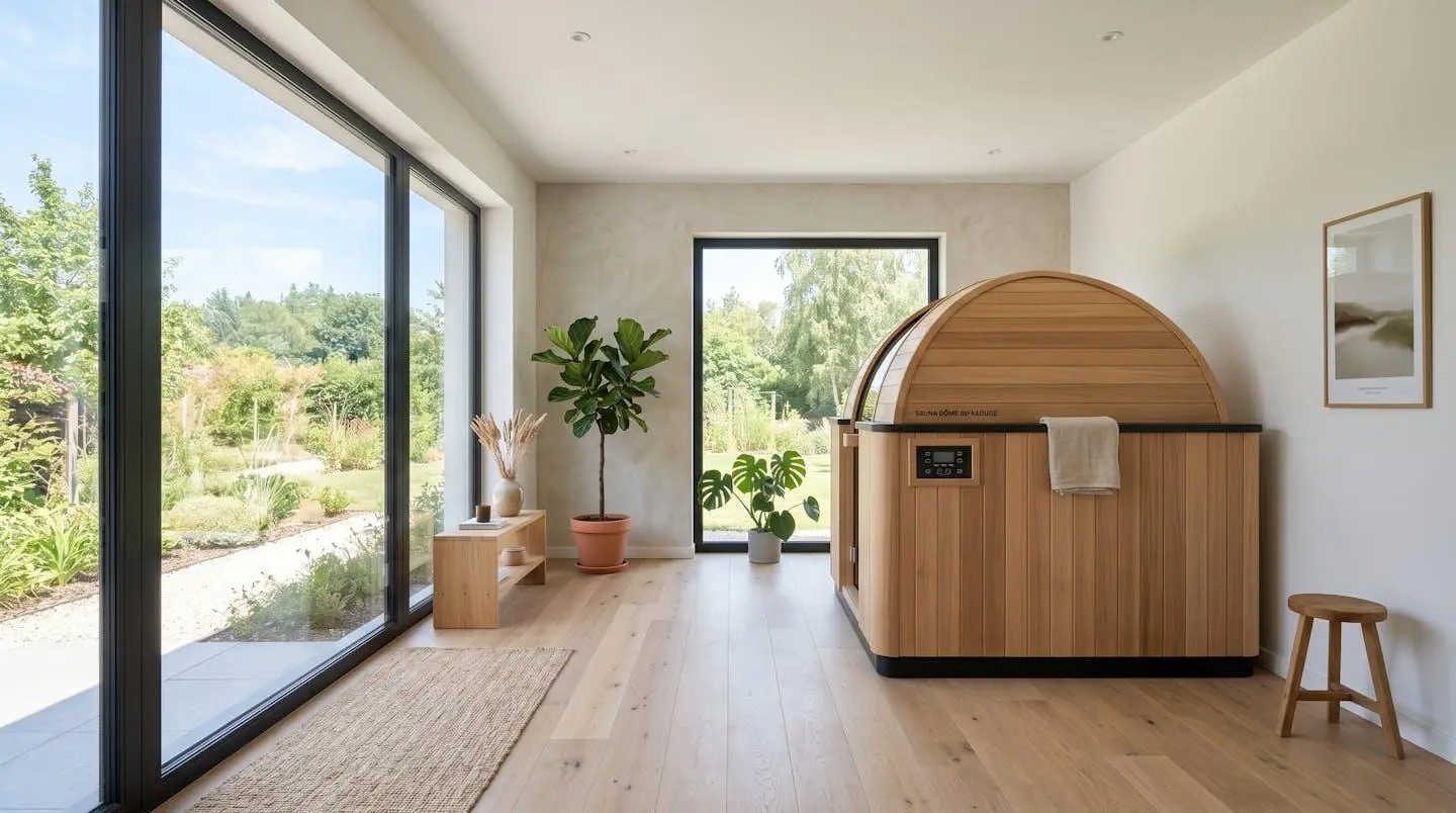 Salle de bien-être contemporaine aux tons naturels avec dôme sauna infrarouge installé près d'une grande baie vitrée laissant entrer la lumière du jour